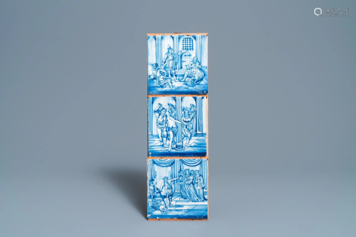 Three Dutch Delft blue and white biblical tiles, 18th