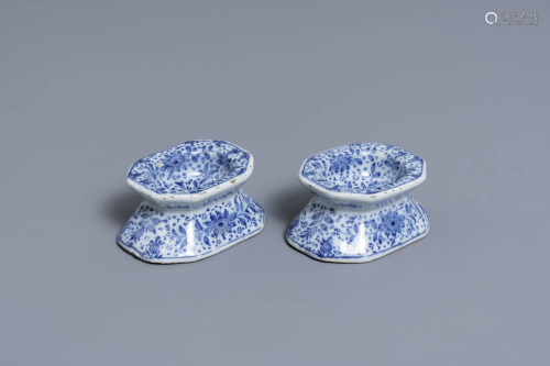 A pair of Dutch Delft blue and white salt cellars, 18th