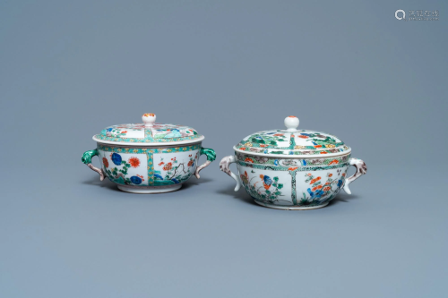 Two Chinese famille verte porringer bowls and covers,