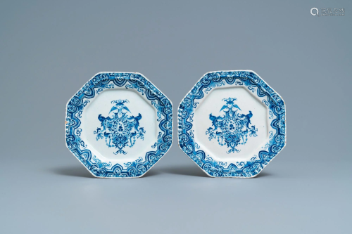 A pair of Dutch Delft blue and white octagonal plates,