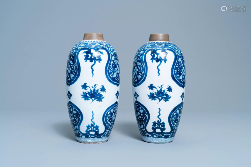 A pair of Dutch Delft blue and white chinoiserie