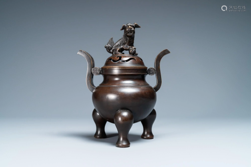 A Chinese bronze tripod censer and cover, Qianlong