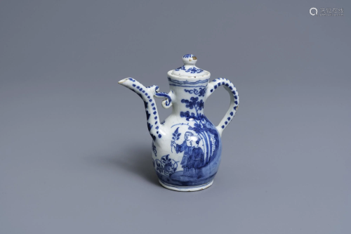 A Dutch Delft blue and white chinoiserie wine ewer and