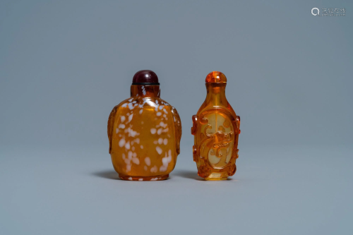 Two Chinese amber-simulating glass snuff bottles,