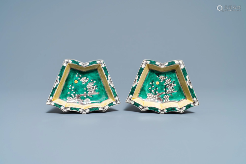 A pair of Chinese verte biscuit sweetmeat dishes,