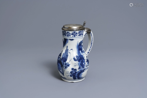 A silver-mounted Dutch Delft blue and white chinoiserie