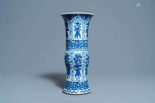 A Chinese blue and white 'gu' vase with flowery