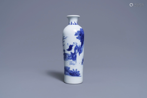 A Chinese blue and white rouleau vase with a figure in
