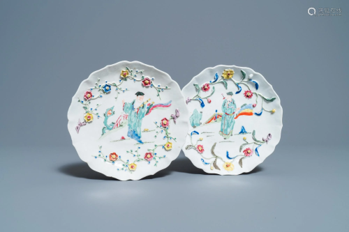 A pair of Chinese famille rose relief-decorated dishes,