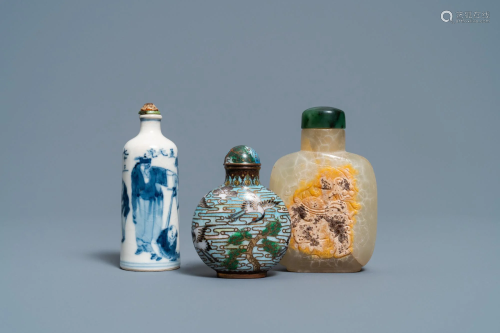 Three Chinese chalcedony, cloisonne and porcelain snuff