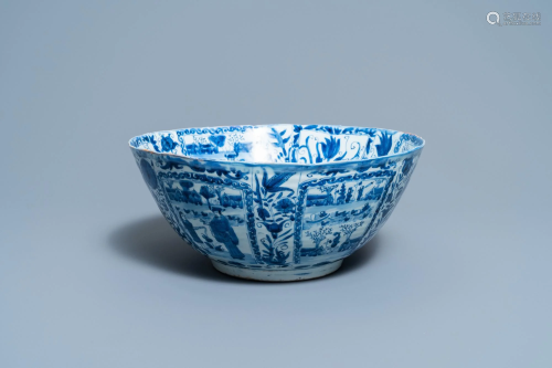 A large Chinese blue and white kraak porcelain bowl,
