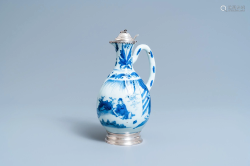 A Chinese blue and white ewer with Dutch silver mounts,