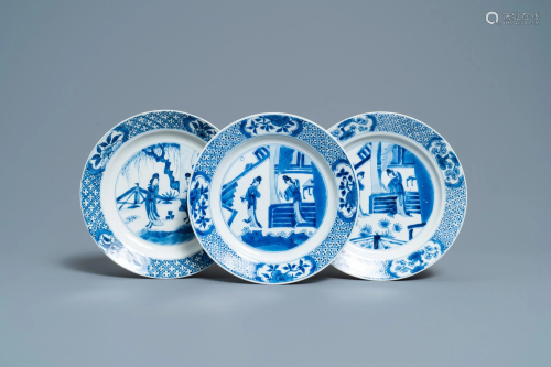 Three Chinese blue and white 'Long Eliza' plates,