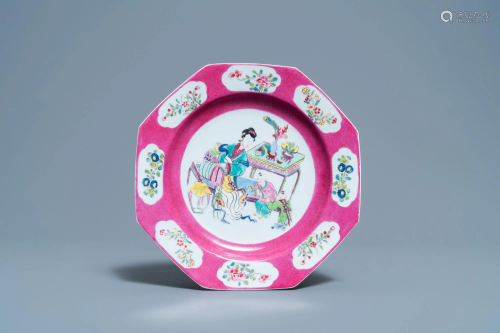 A Chinese octagonal famille rose 'ruby border' plate,