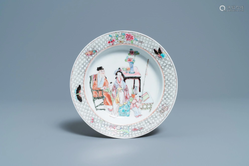 A Chinese famille rose plate with figures in an