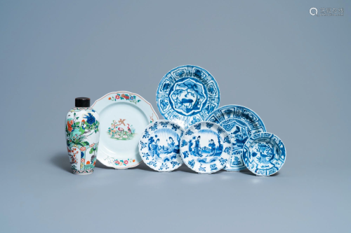 Five Chinese blue and white plates, a famille rose dish