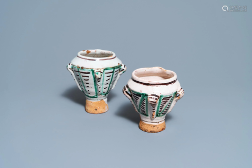 A pair of polychrome Spanish pottery mortars, 16/17th