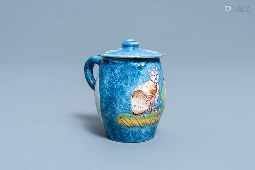 A polychrome Brussels faience mustard jar and cover