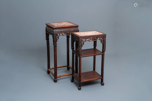 Two Chinese hongmu wooden stands with marble tops, 19th