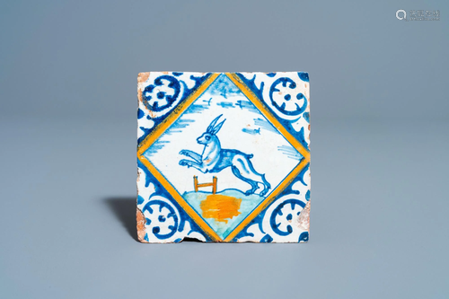 A polychrome Dutch Delft maiolica tile with a hare, ca.