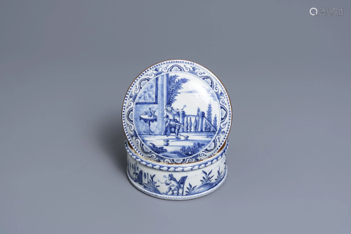 A round Dutch Delft blue and white box and cover with