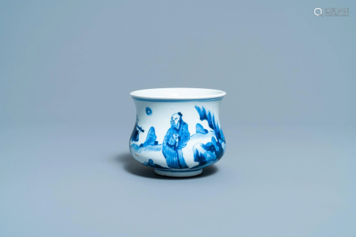 A Chinese blue and white censer with figures in a