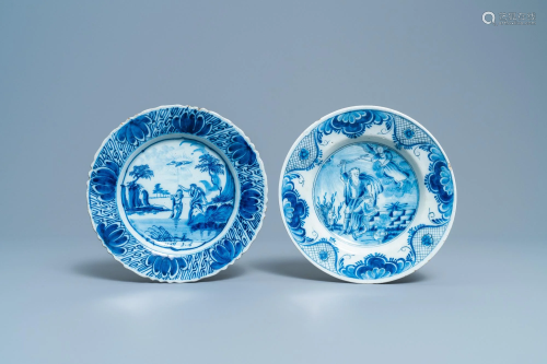 Two Dutch Delft blue and white plates with biblical