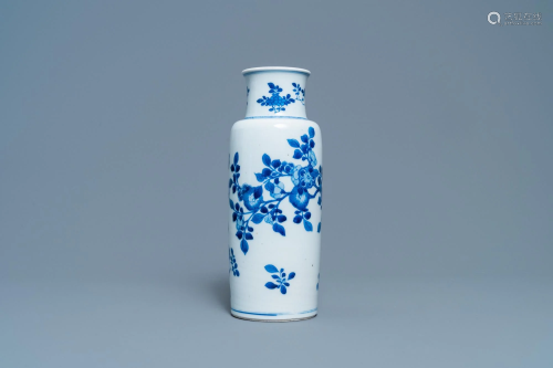 A Chinese blue and white rouleau vase with floral