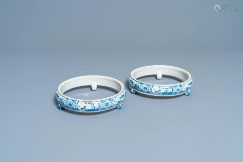 A pair of rare Dutch Delft blue and white plate stands,