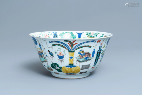 A large Chinese famille verte 'antiquities' bowl,