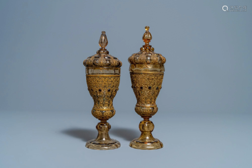 A pair of Russian or Eastern-European gilt copper and