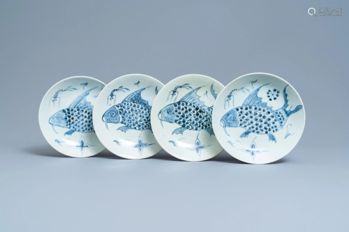Four Chinese blue and white 'carps and shrimps' dishes,