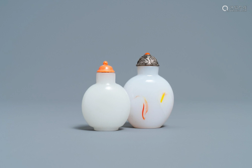 A Chinese white jade coral-topped snuff bottle and one