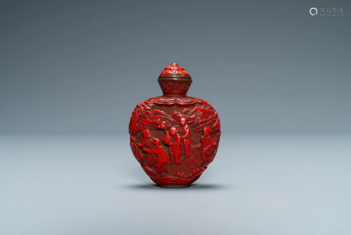 A Chinese carved red cinnabar lacquer 'boys at play'