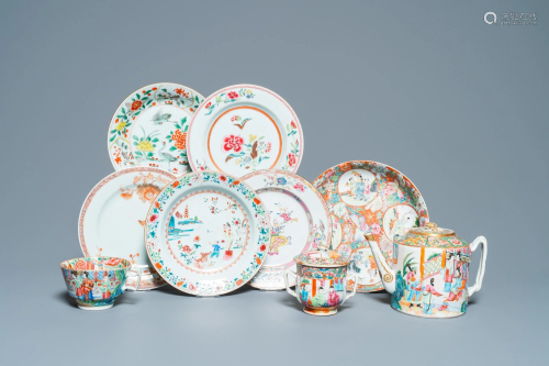 Six Chinese famille rose plates, a teapot, a covered