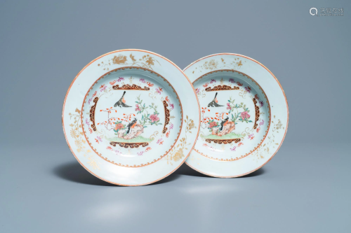 A pair of Chinese famille rose plates with birds among