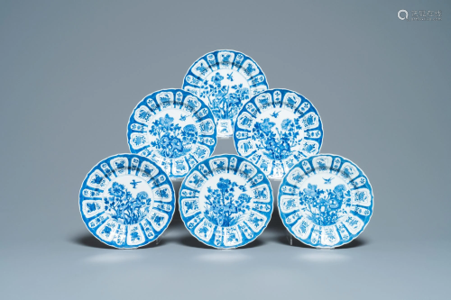 Six Chinese blue and white plates with floral design,