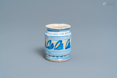 A polychrome maiolica albarello-type ointment jar,