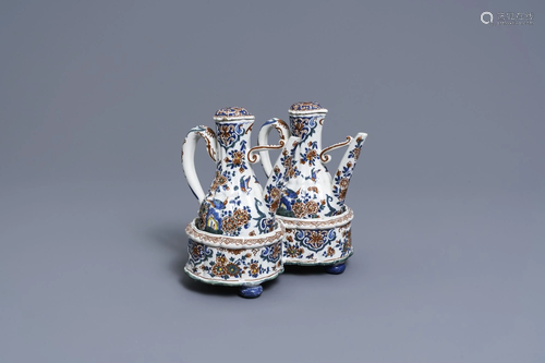 A Dutch Delft cashmere palette cruet set on stand, 1st