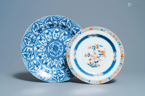 A Chinese blue and white 'lotus' dish and a famille