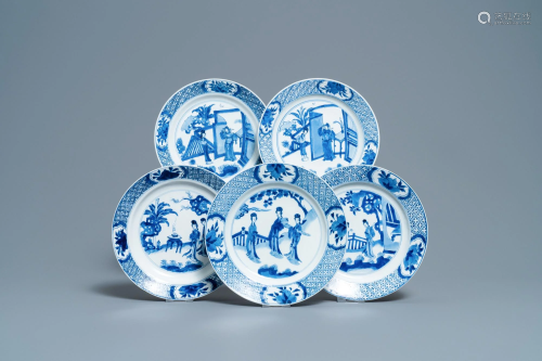 Five Chinese blue and white figurative plates, Kangxi