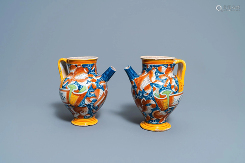 A pair of polychrome Italian maiolica wet drug jars,