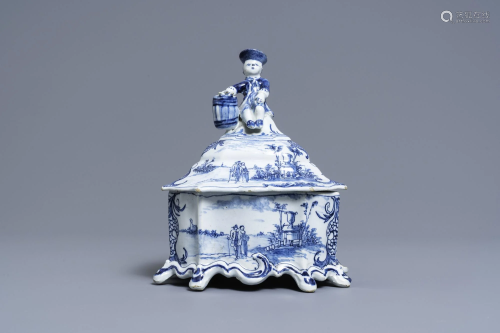 A Dutch Delft blue and white tobacco box and cover with