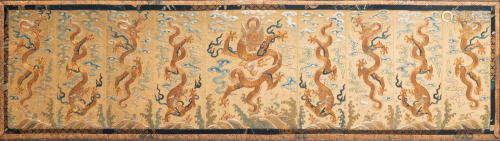 A Chinese gold-thread embroidered silk 'dragon' panel,