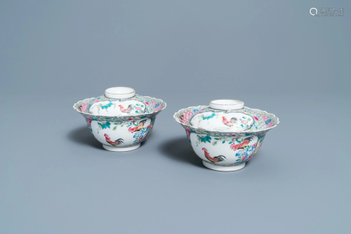 A pair of Chinese famille rose 'rooster' bowls and