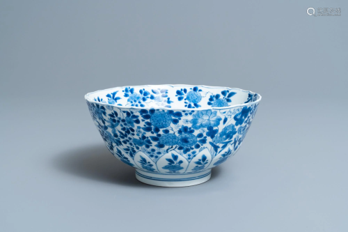 A Chinese blue and white floral bowl, Kangxi mark and