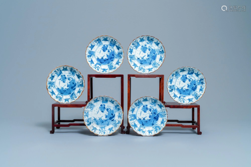 Six Chinese blue and white lobed plates with ducks and
