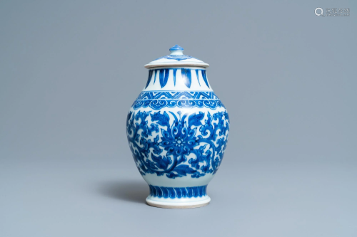 A Chinese blue and white 'lotus scroll' jar and cover,