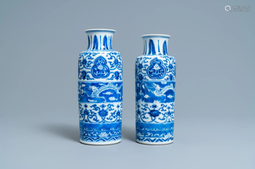 Two Chinese blue and white rouleau vases with