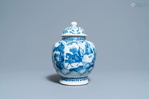 A Chinese blue and white 'horseriders' vase and cover,